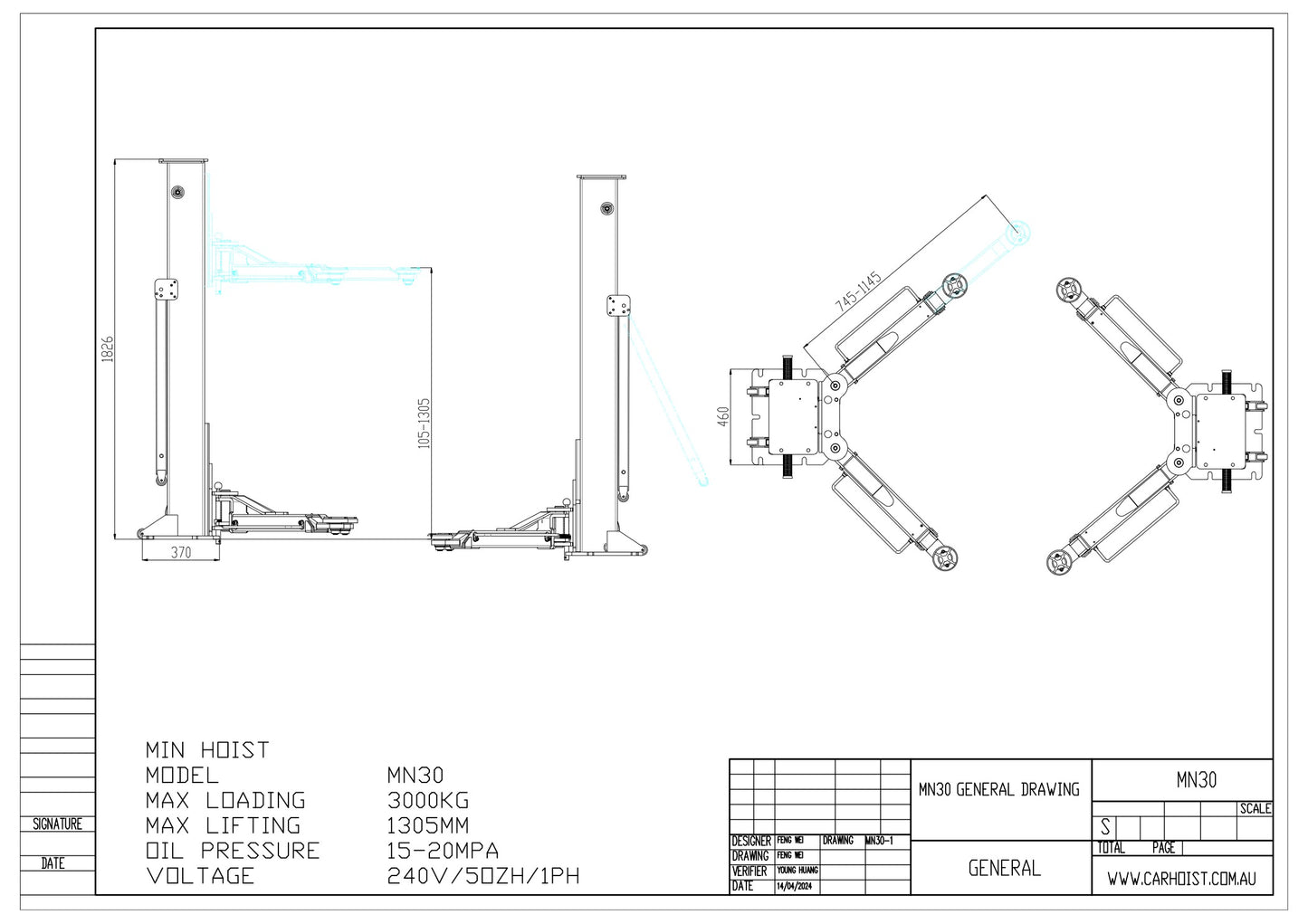 3T portable 2 post car hoist MN30