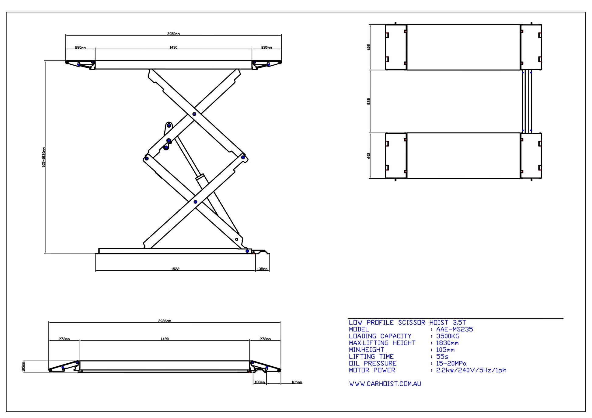 3.5T Low profile scissor car hoist lift MS235