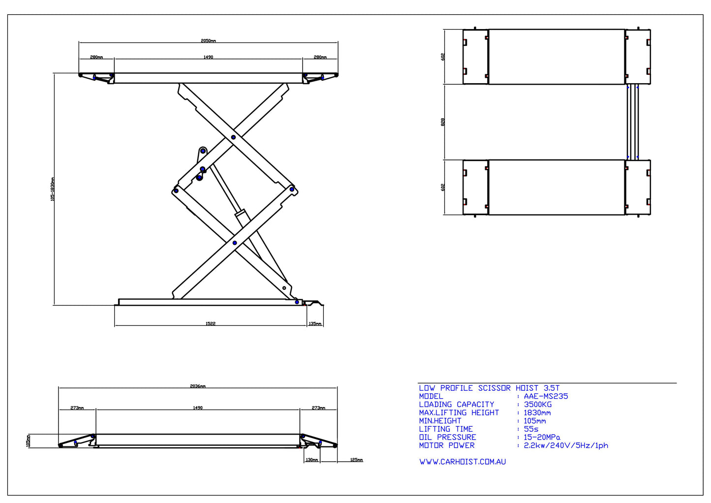 3.5T Low profile scissor car hoist lift MS235