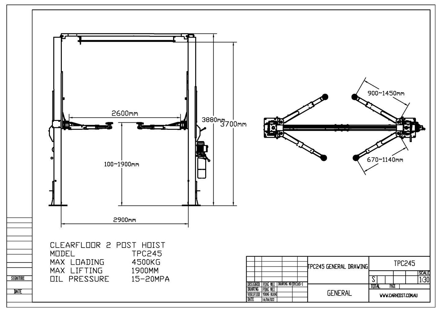 4.5T 2 post clearfloor car hoist TPC245